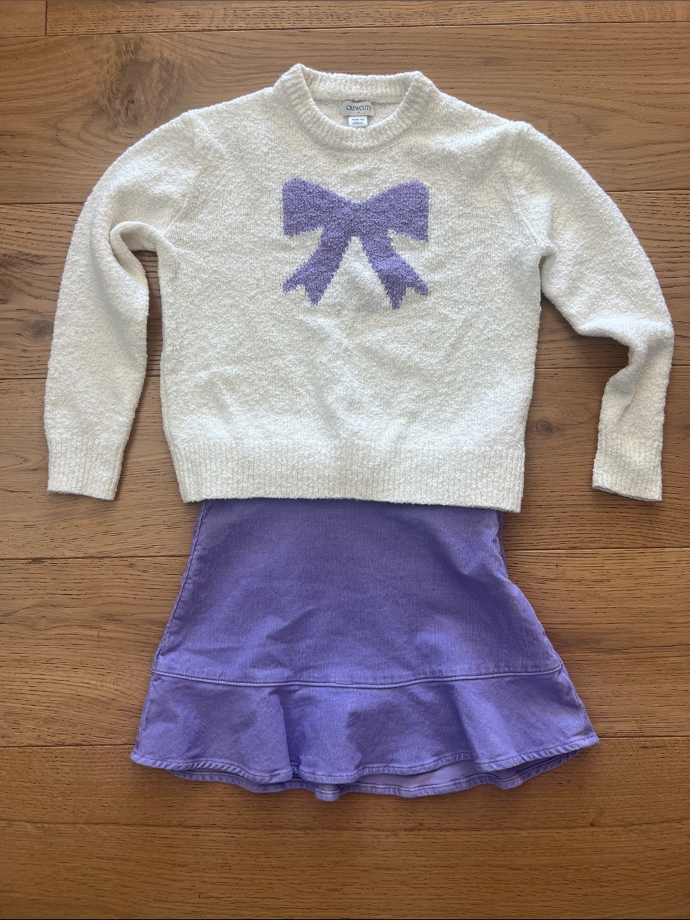Crewcuts Cream Knit Sweater with Lavender Bow outfit